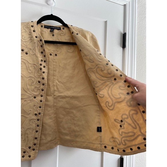 Linda Allard Ellen Tracy Tan Embroidered Studded Open Front Jacket Petite 4 - Picture 7 of 10
